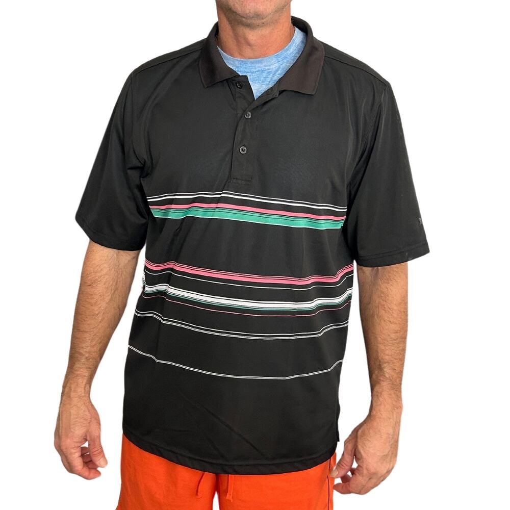 Vintage Arnold Palmer Golf Shirt, Black w Teal & Pink Stripes, 80s Style, Size L